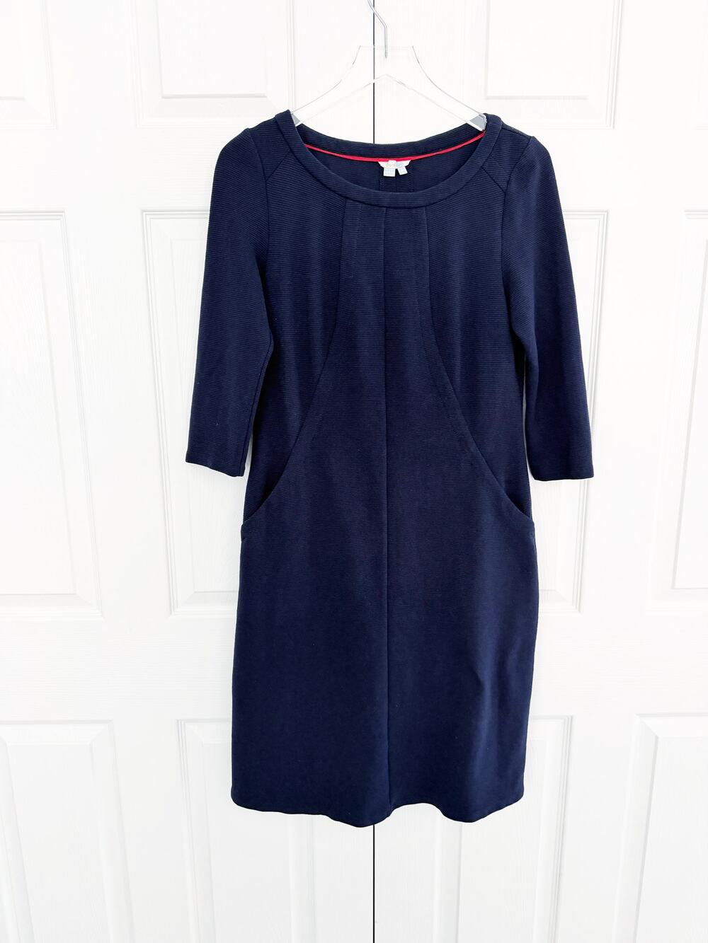 Boden Navy Blue Ribbed Sheath Dress Boatneck Pockets 3/4 Sleeve Workwear Retro